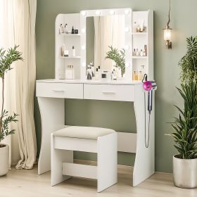 Vanity Desk with Mirror and Lights, Makeup Vanity with Power Outlet & Hair Dryer Rack,3 Adjustable Lighting Colors
