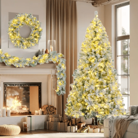 6FT Snow Flocked Christmas Tree Pre Lit Set With Tree Garland Wreath,Artificial Hinged Xmas Tree With Colorful LED Lights8 Lighting Modes, Pine C
