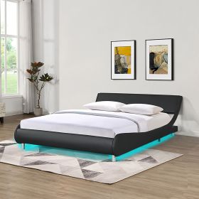Faux Leather Upholstered Platform Bed Frame,LED lighting with remote controller and APP,Curve Design,Wood Slat Support,No Box Spring Needed