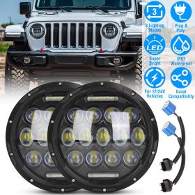 2Pcs 7In 75W Round LED Headlight 3500LM Halo Car Headlamp with DRL High Low Beam for Jeep Wrangler TJ JK CJ with H4 to H13 Adapters Plug and Play