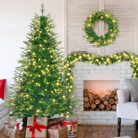 6FT Pre-Lit Aspen Fir Artificial Christmas Tree with Wreath & Garland,Grass Green Xmas Tree with 380 Multi-Color LED Lights, 11 Lighting Modes (Color: Green, Material: PVC)